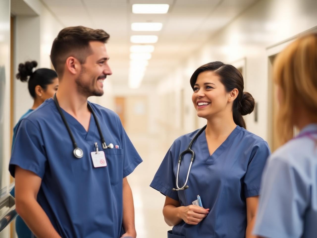 Two nurses in scrubs talking in a bright care facility hallway